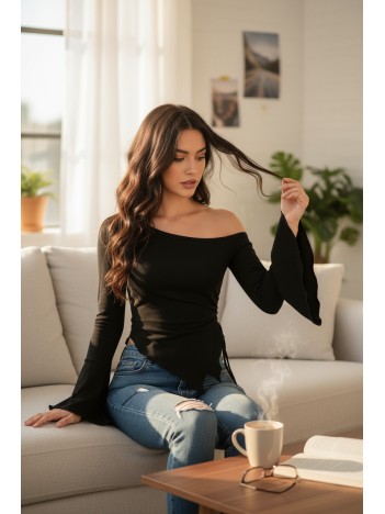 Kadın Siyah Uzun İspanyol Kollu Asimetirik Yaka Yandan Bağlamalı Drapeli Bluz