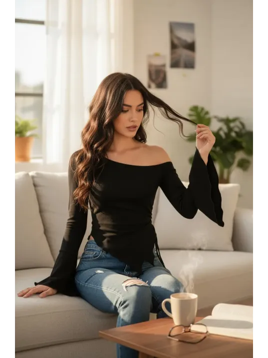 Kadın Siyah Uzun İspanyol Kollu Asimetirik Yaka Yandan Bağlamalı Drapeli Bluz