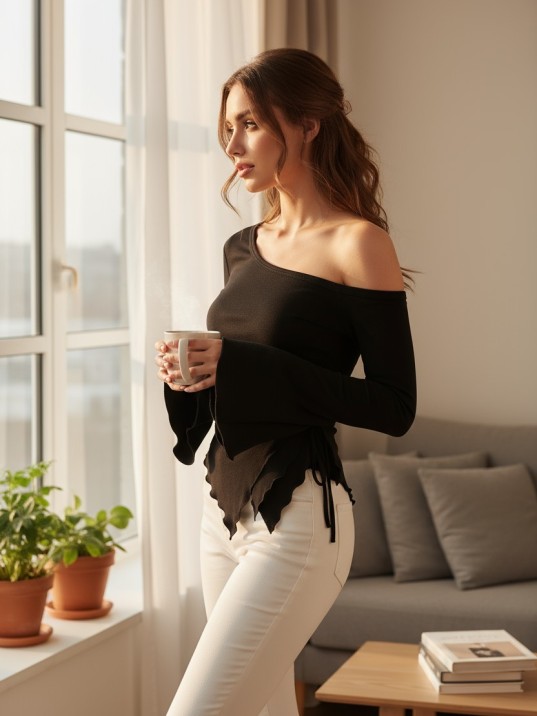 Kadın Siyah Uzun İspanyol Kollu Asimetirik Yaka Yandan Bağlamalı Drapeli Bluz