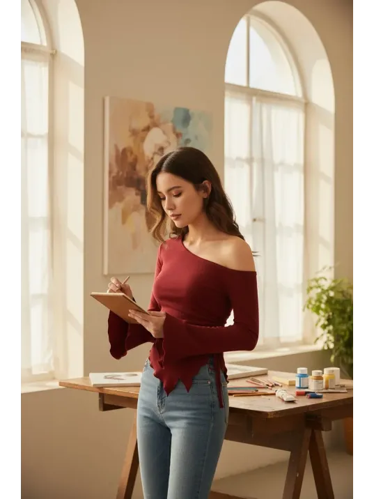 Kadın Bordo Uzun İspanyol Kollu Asimetirik Yaka Yandan Bağlamalı Drapeli Bluz