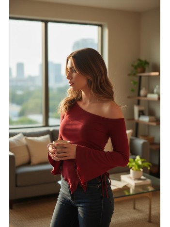 Kadın Bordo Uzun İspanyol Kollu Asimetirik Yaka Yandan Bağlamalı Drapeli Bluz Kadın Bordo Uzun İspanyol Kollu Asimetirik Yaka Yandan Bağlamalı Drapeli Bluz