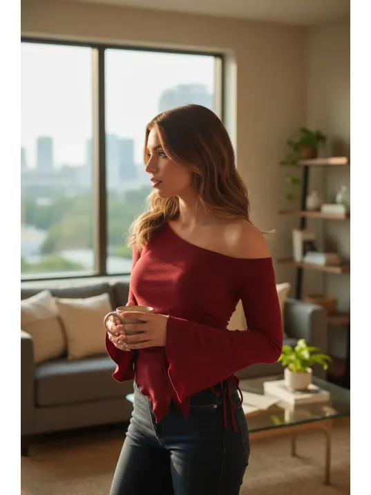 Kadın Bordo Uzun İspanyol Kollu Asimetirik Yaka Yandan Bağlamalı Drapeli Bluz