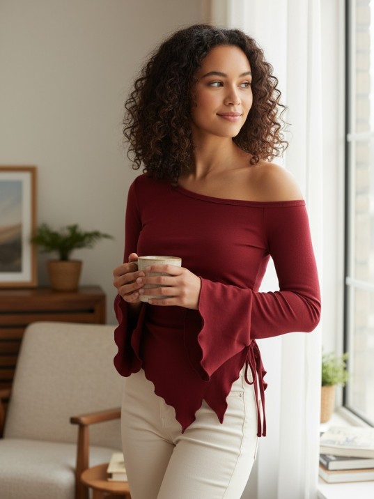 Kadın Bordo Uzun İspanyol Kollu Asimetirik Yaka Yandan Bağlamalı Drapeli Bluz Kadın Bordo Uzun İspanyol Kollu Asimetirik Yaka Yandan Bağlamalı Drapeli Bluz