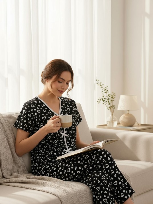 Kadın Siyah Beyaz Kalp Desenli Fiyonklu Kısa Kollu Pijama Takımı – Rahat, Şık ve 4 Mevsim Kullanım