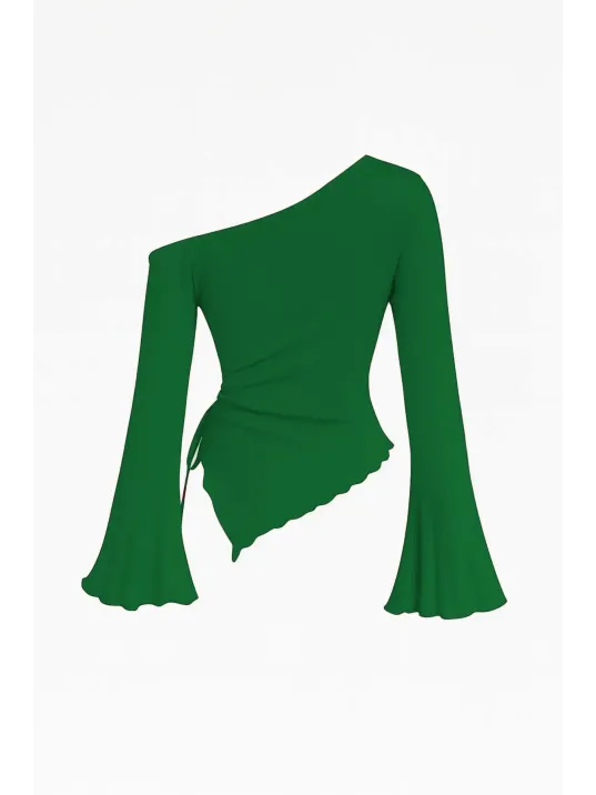 Kadın Yeşil Uzun İspanyol Kollu Asimetirik Yaka Yandan Bağlamalı Drapeli Bluz