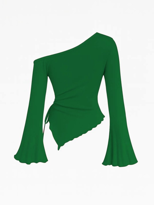 Kadın Yeşil Uzun İspanyol Kollu Asimetirik Yaka Yandan Bağlamalı Drapeli Bluz