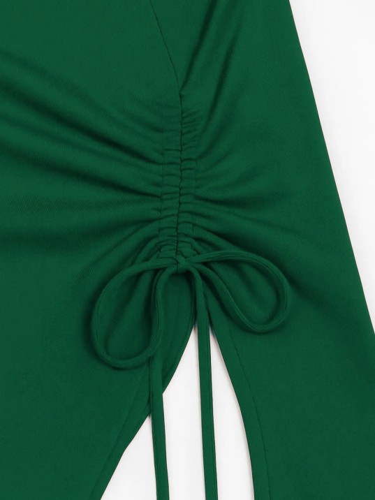 Kadın Yeşil Uzun İspanyol Kollu Asimetirik Yaka Yandan Bağlamalı Drapeli Bluz