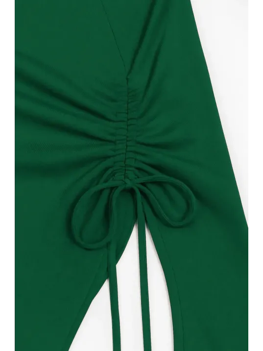 Kadın Yeşil Uzun İspanyol Kollu Asimetirik Yaka Yandan Bağlamalı Drapeli Bluz