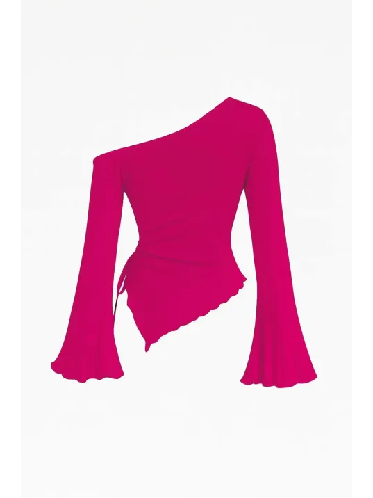 Kadın Fuşya Uzun İspanyol Kollu Asimetirik Yaka Yandan Bağlamalı Drapeli Bluz