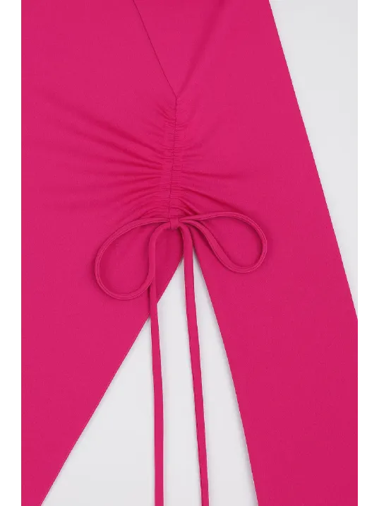 Kadın Fuşya Uzun İspanyol Kollu Asimetirik Yaka Yandan Bağlamalı Drapeli Bluz