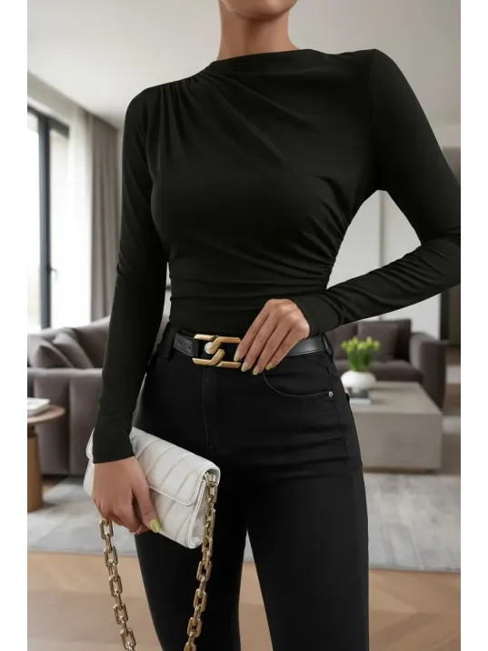 Kadın Siyah Belden Ve Boyundan Büzgü Detaylı Uzun Kollu Bluz