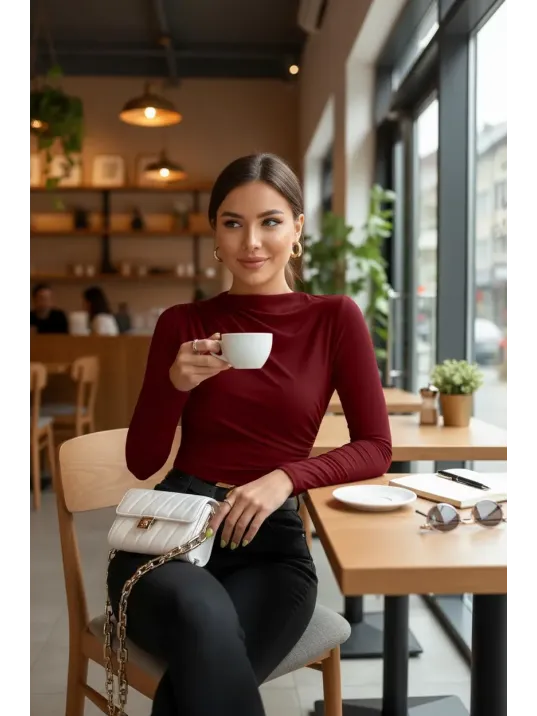 Kadın Bordo Belden Ve Boyundan Büzgü Detaylı Uzun Kollu Bluz