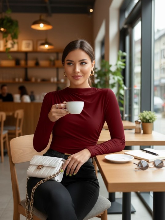 Kadın Bordo Belden Ve Boyundan Büzgü Detaylı Uzun Kollu Bluz Kadın Bordo Belden Ve Boyundan Büzgü Detaylı Uzun Kollu Bluz