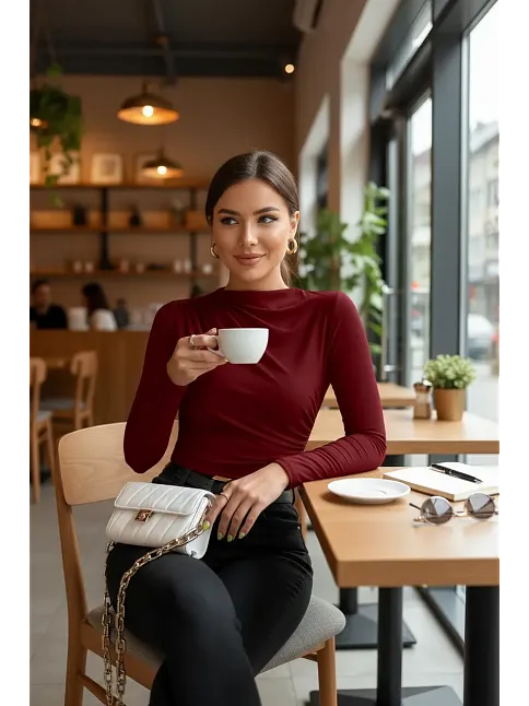 Kadın Bordo Belden Ve Boyundan Büzgü Detaylı Uzun Kollu Bluz