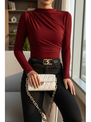 Kadın Bordo Belden Ve Boyundan Büzgü Detaylı Uzun Kollu Bluz