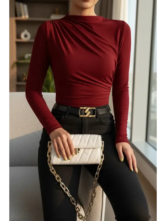 Kadın Bordo Belden Ve Boyundan Büzgü Detaylı Uzun Kollu Bluz