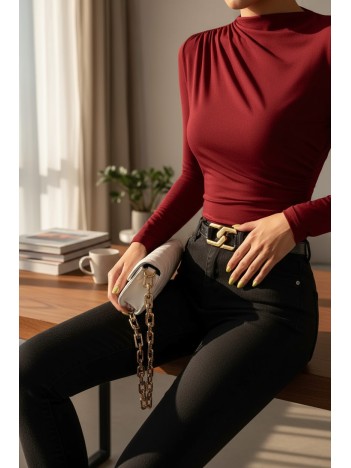 Kadın Bordo Belden Ve Boyundan Büzgü Detaylı Uzun Kollu Bluz Kadın Bordo Belden Ve Boyundan Büzgü Detaylı Uzun Kollu Bluz