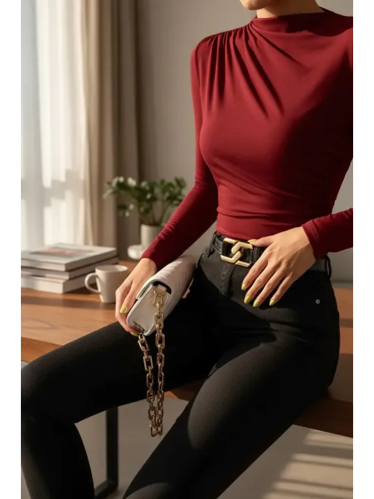 Kadın Bordo Belden Ve Boyundan Büzgü Detaylı Uzun Kollu Bluz