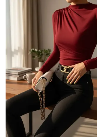 Kadın Bordo Belden Ve Boyundan Büzgü Detaylı Uzun Kollu Bluz