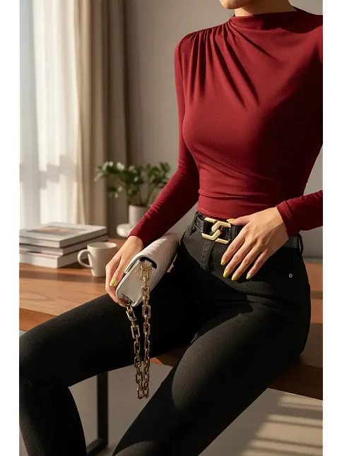 Kadın Bordo Belden Ve Boyundan Büzgü Detaylı Uzun Kollu Bluz