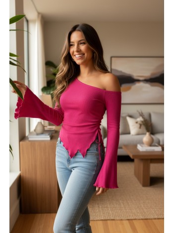 Kadın Fuşya Uzun İspanyol Kollu Asimetirik Yaka Yandan Bağlamalı Drapeli Bluz
