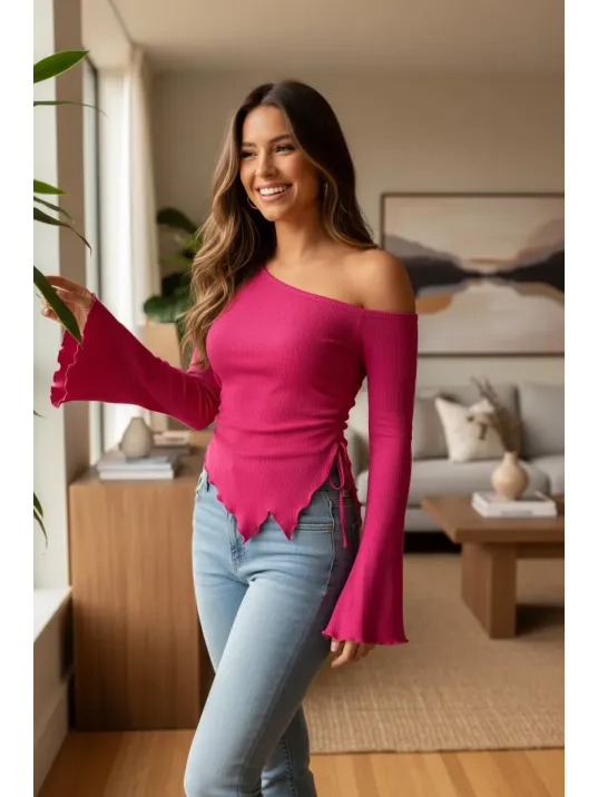 Kadın Fuşya Uzun İspanyol Kollu Asimetirik Yaka Yandan Bağlamalı Drapeli Bluz