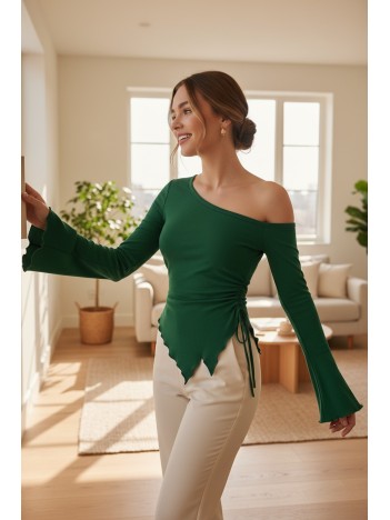 Kadın Yeşil Uzun İspanyol Kollu Asimetirik Yaka Yandan Bağlamalı Drapeli Bluz