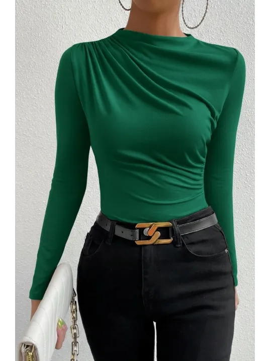 Kadın Yeşil Belden Ve Boyundan Büzgü Detaylı Uzun Kollu Bluz