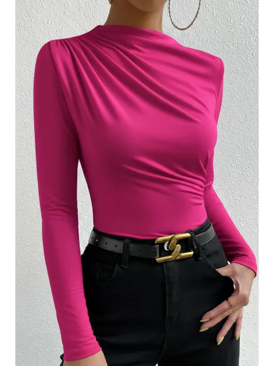 Kadın Fuşya Belden Ve Boyundan Büzgü Detaylı Uzun Kollu Bluz