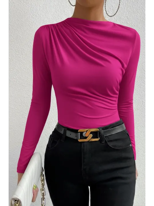 Kadın Fuşya Belden Ve Boyundan Büzgü Detaylı Uzun Kollu Bluz
