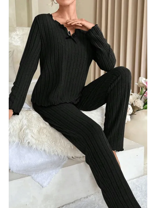 Kadın Siyah Uzun Kollu Fiyonklu Yuvarlak Yaka Mevsimlik Pijama Takımı