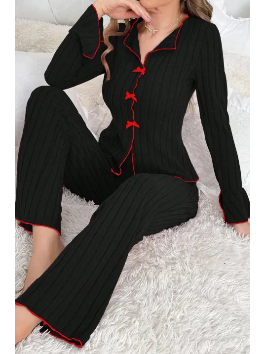 Kadın Siyah Kırmızı Biyeli Ve Fiyonklu Uzun Kollu Mevsimlik Pijama Takımı