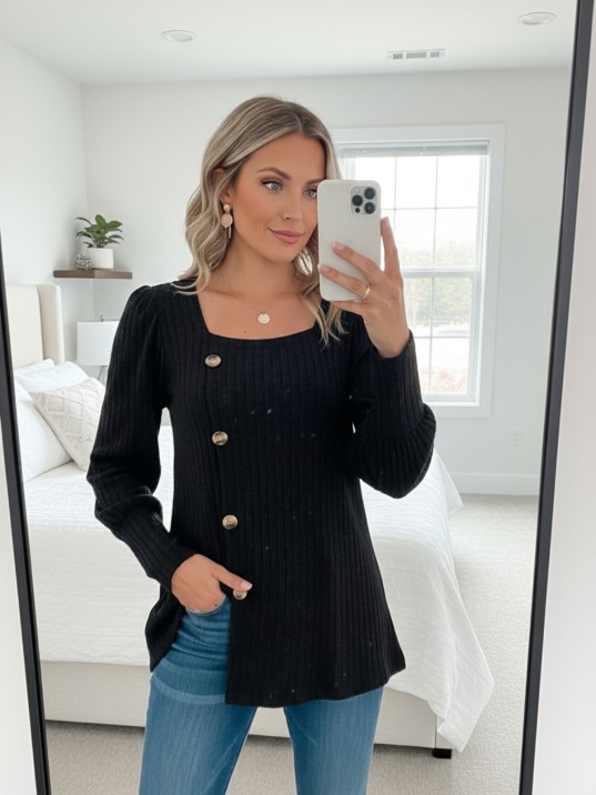 Kadın Uzun Kollu Düğmeli Mevsimlik Bluz – Yumuşak Dokulu, Esnek Ve Sıcak Tutan Kumaş