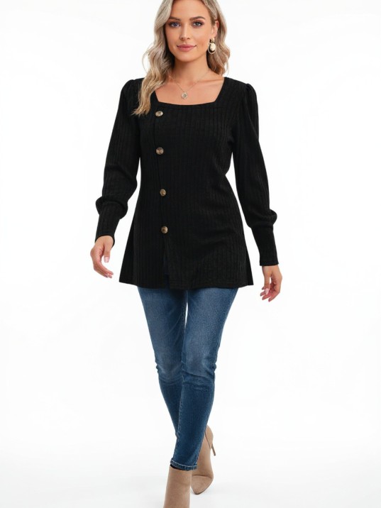 Kadın Uzun Kollu Düğmeli Mevsimlik Bluz – Yumuşak Dokulu, Esnek Ve Sıcak Tutan Kumaş