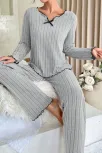 Kadın Gri Çizgili Uzun Kollu Fiyonk Detaylı Pijama Takımı Rahat Mevsimlik Kadın Gri Çizgili Uzun Kollu Fiyonk Detaylı Pijama Takımı Rahat Mevsimlik