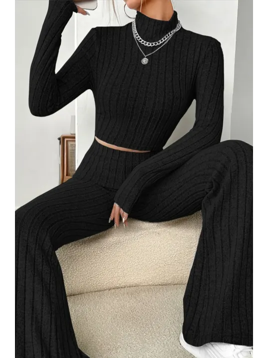 Kadın Siyah Boğazlı Crop Top Ve Yüksek Bel Eşofman Takımı Spor Şık Kombin