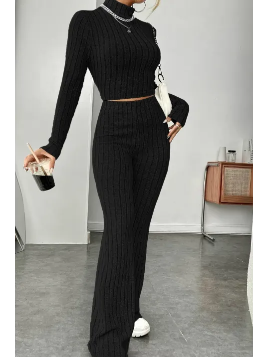 Kadın Siyah Boğazlı Crop Top Ve Yüksek Bel Eşofman Takımı Spor Şık Kombin