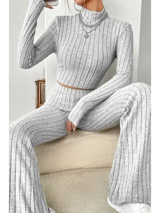 Kadın Gri Çizgili Boğazlı Crop Top Ve Yüksek Bel Pantolon Takım