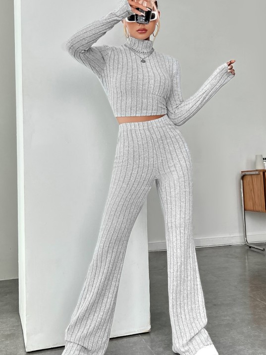 Kadın Gri Çizgili Boğazlı Crop Top Ve Yüksek Bel Pantolon Takım