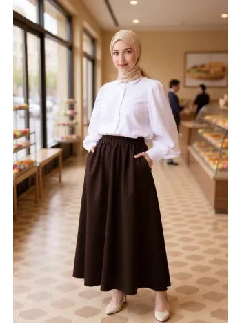 Kadın Kahverengi Double Kumaş Beli Lastikli Cepli Etek