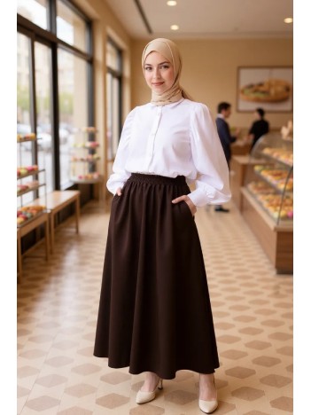 Kadın Kahverengi Double Kumaş Beli Lastikli Cepli Etek Kadın Kahverengi Double Kumaş Beli Lastikli Cepli Etek