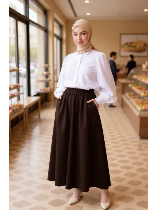 Kadın Kahverengi Double Kumaş Beli Lastikli Cepli Etek