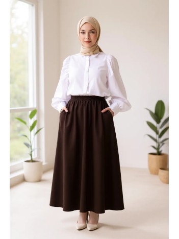 Kadın Kahverengi Double Kumaş Beli Lastikli Cepli Etek Kadın Kahverengi Double Kumaş Beli Lastikli Cepli Etek