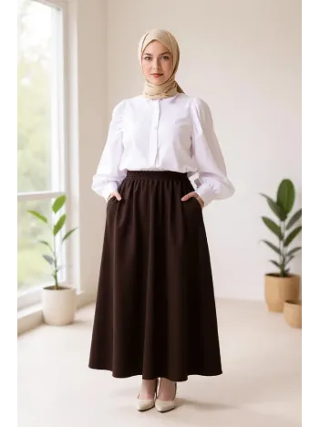 Kadın Kahverengi Double Kumaş Beli Lastikli Cepli Etek