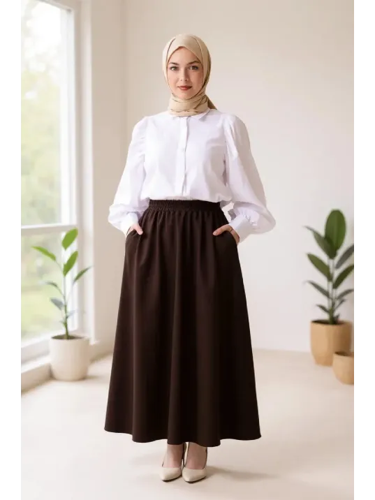 Kadın Kahverengi Double Kumaş Beli Lastikli Cepli Etek