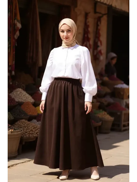 Kadın Kahverengi Double Kumaş Beli Lastikli Cepli Etek