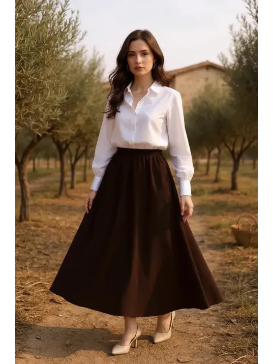 Kadın Kahverengi Double Kumaş Beli Lastikli Cepli Etek