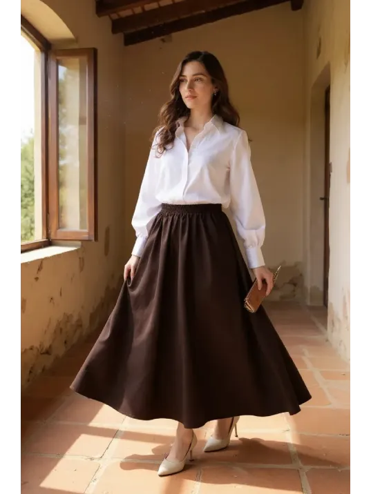 Kadın Kahverengi Double Kumaş Beli Lastikli Cepli Etek