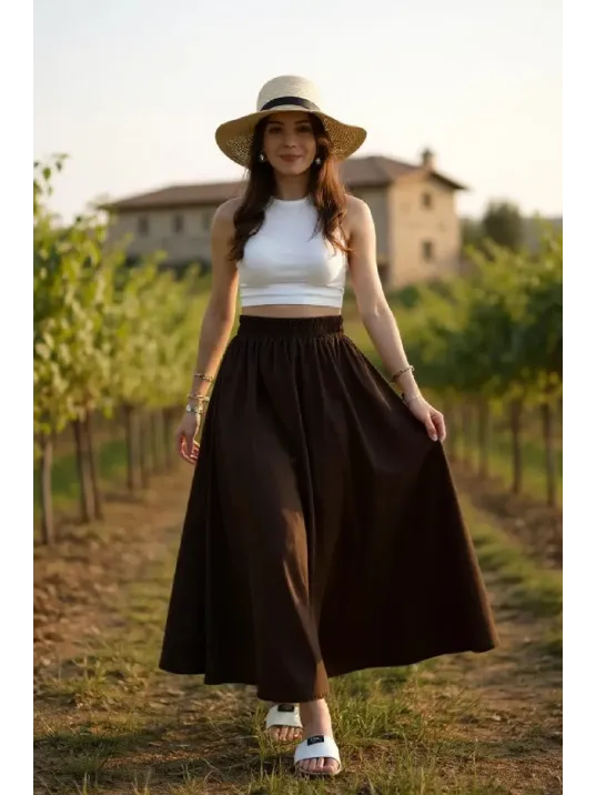 Kadın Kahverengi Double Kumaş Beli Lastikli Cepli Etek