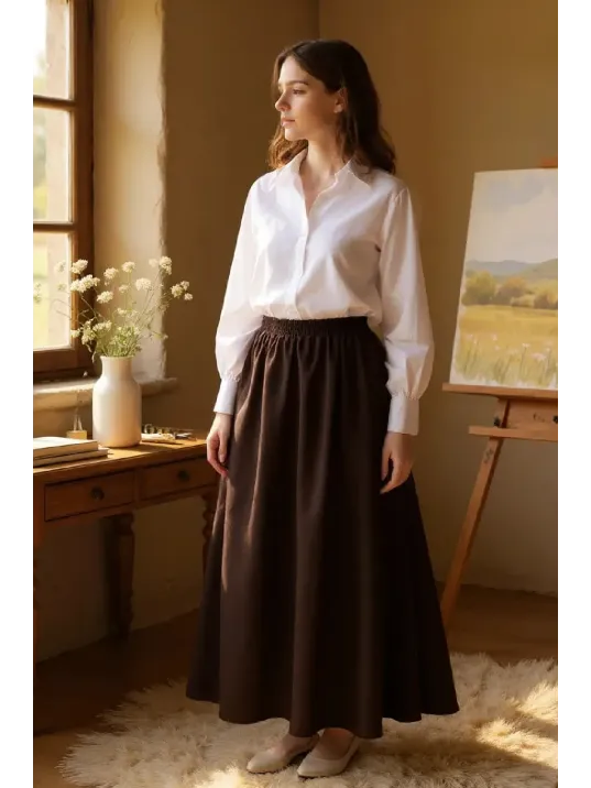 Kadın Kahverengi Double Kumaş Beli Lastikli Cepli Etek